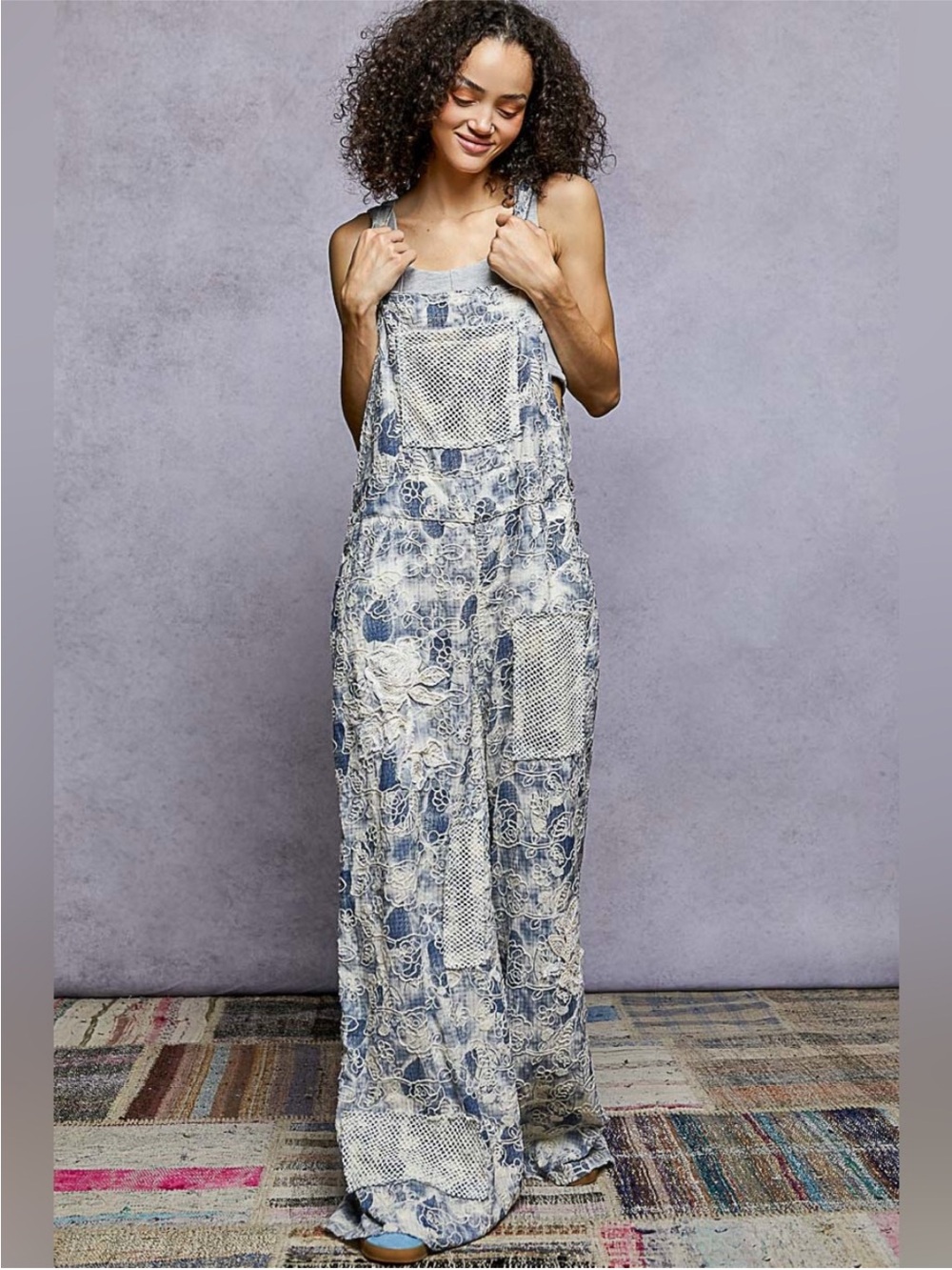 POL Blue and White Floral Patchwork Wide-Leg Jumpsuit